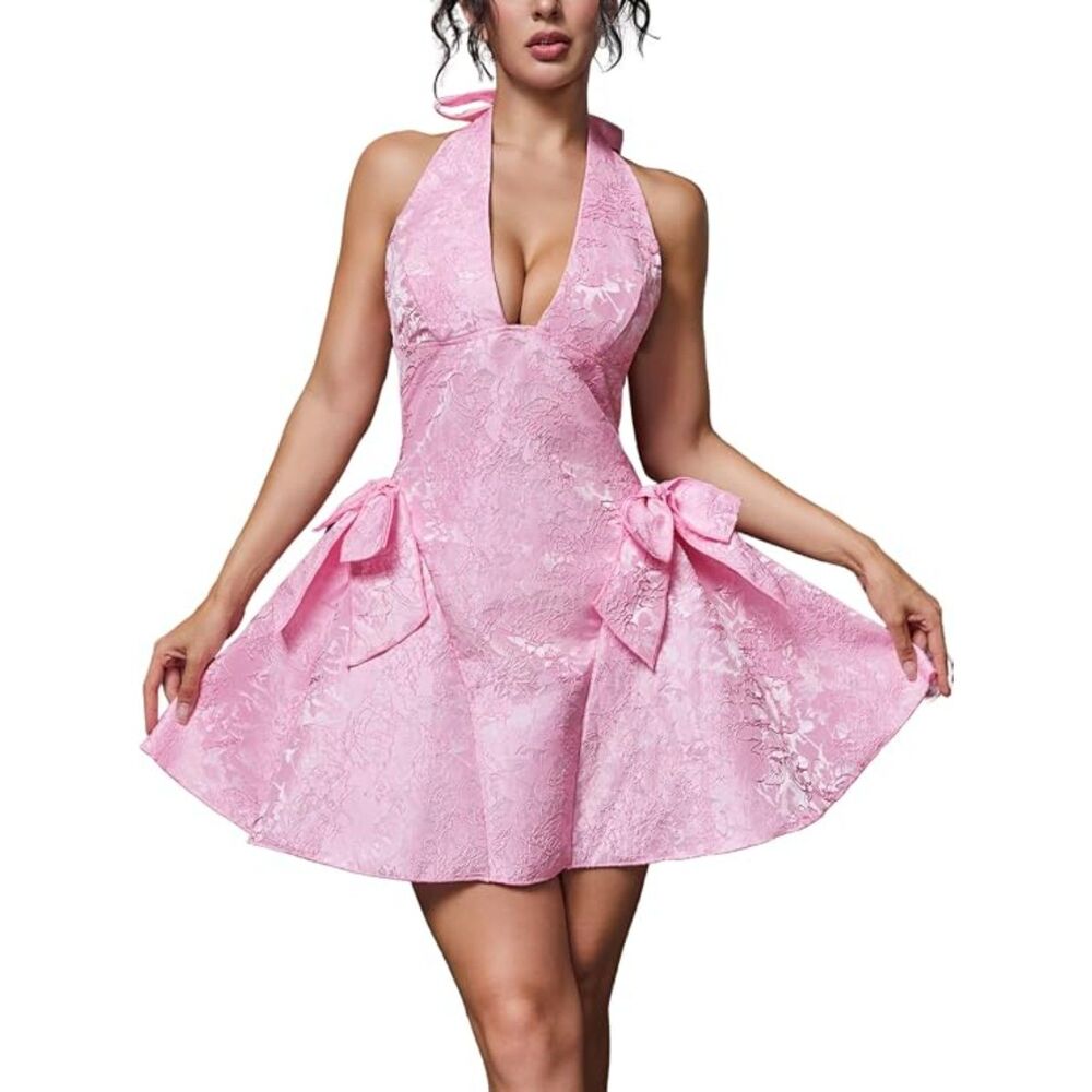 Pink Halter Mini Dress Deep V Neck Jacquard Bow A-Line Coquette Homecoming Dress